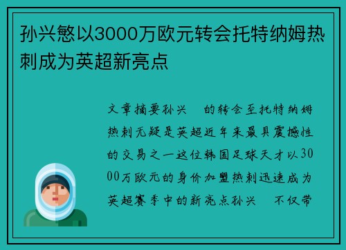 孙兴慜以3000万欧元转会托特纳姆热刺成为英超新亮点